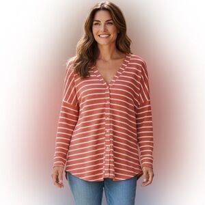 Bobeau Red and White Striped Button-Down Shirt